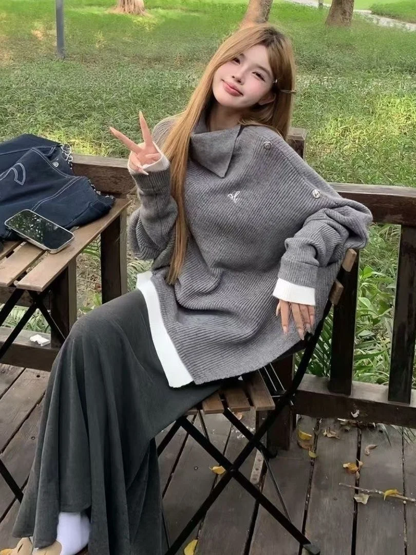 

Асимметричное трикотажное пальто большого размера с высоким воротником, повседневная зимняя модная верхняя одежда для женщин, удобный свитер свободного покроя