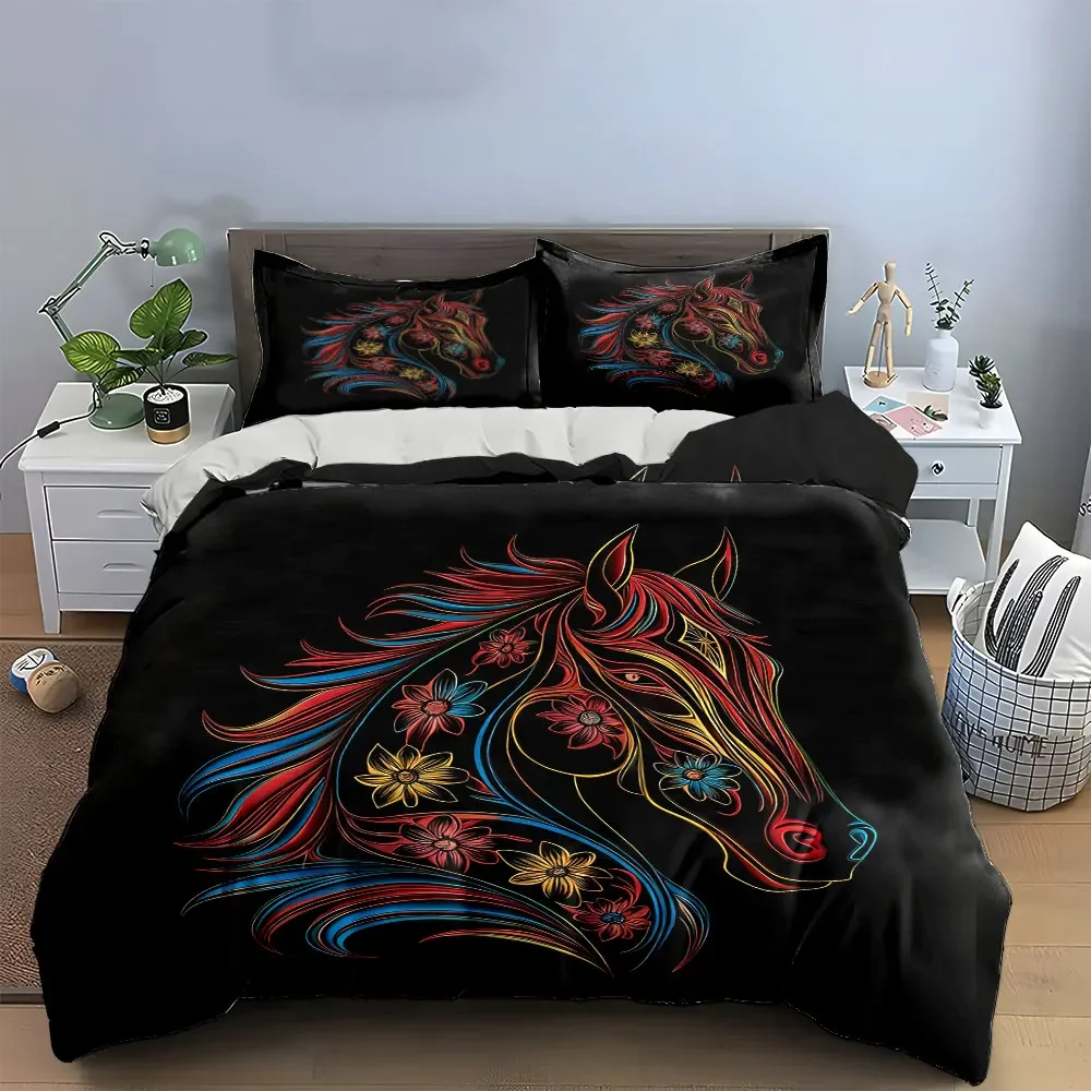 Colorful Floral Horse Artwork Set Soft Comfortable Duvet Cover Bedding Set Included 1*Duvet Cover & 2*Pillowcases, gift