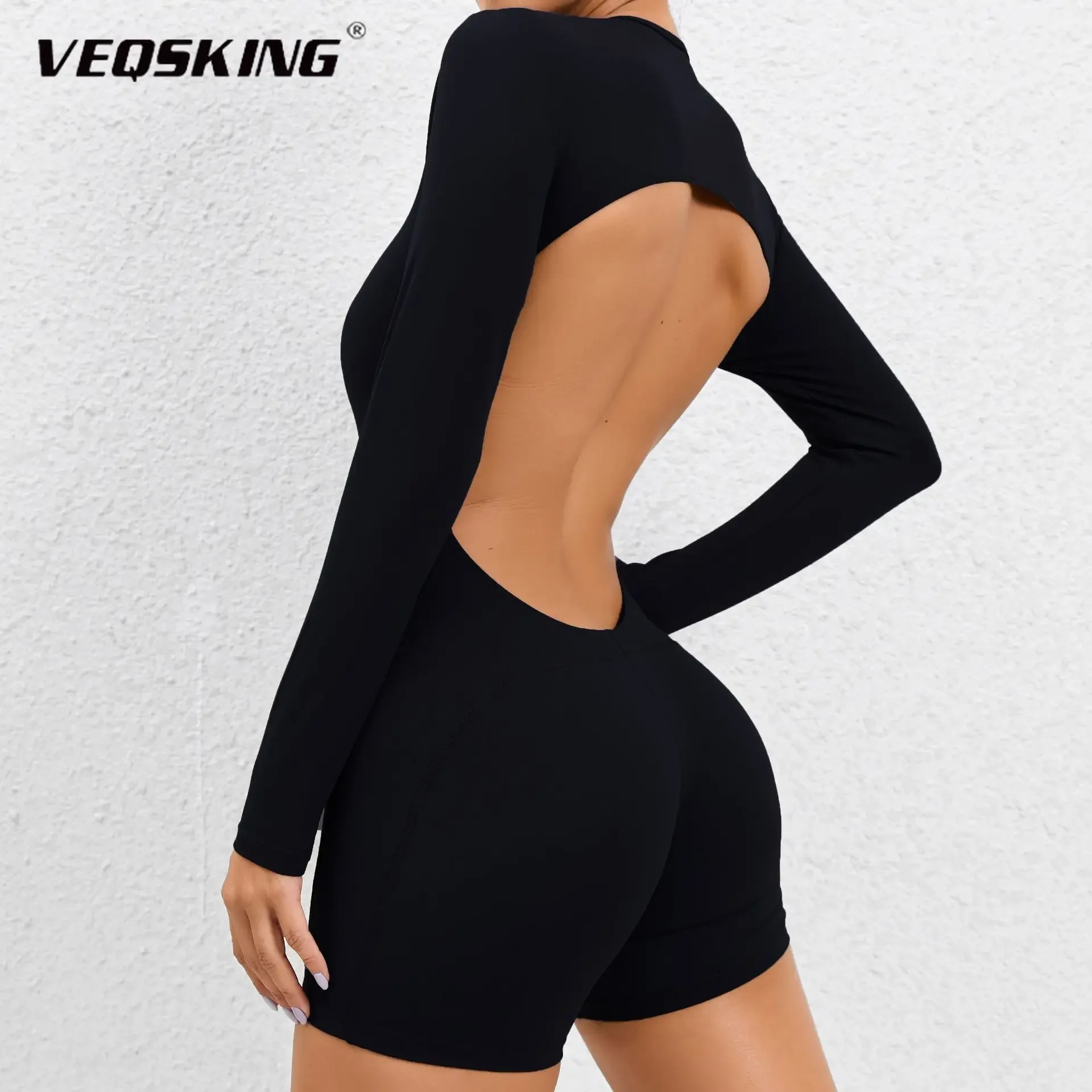 VEQSKING Full Sleeves Women Yoga Jumpsuits, Open Back Gym Fitness Tracksuit, Tight Sport Shorts Set, Workout Bodysuit Rompers