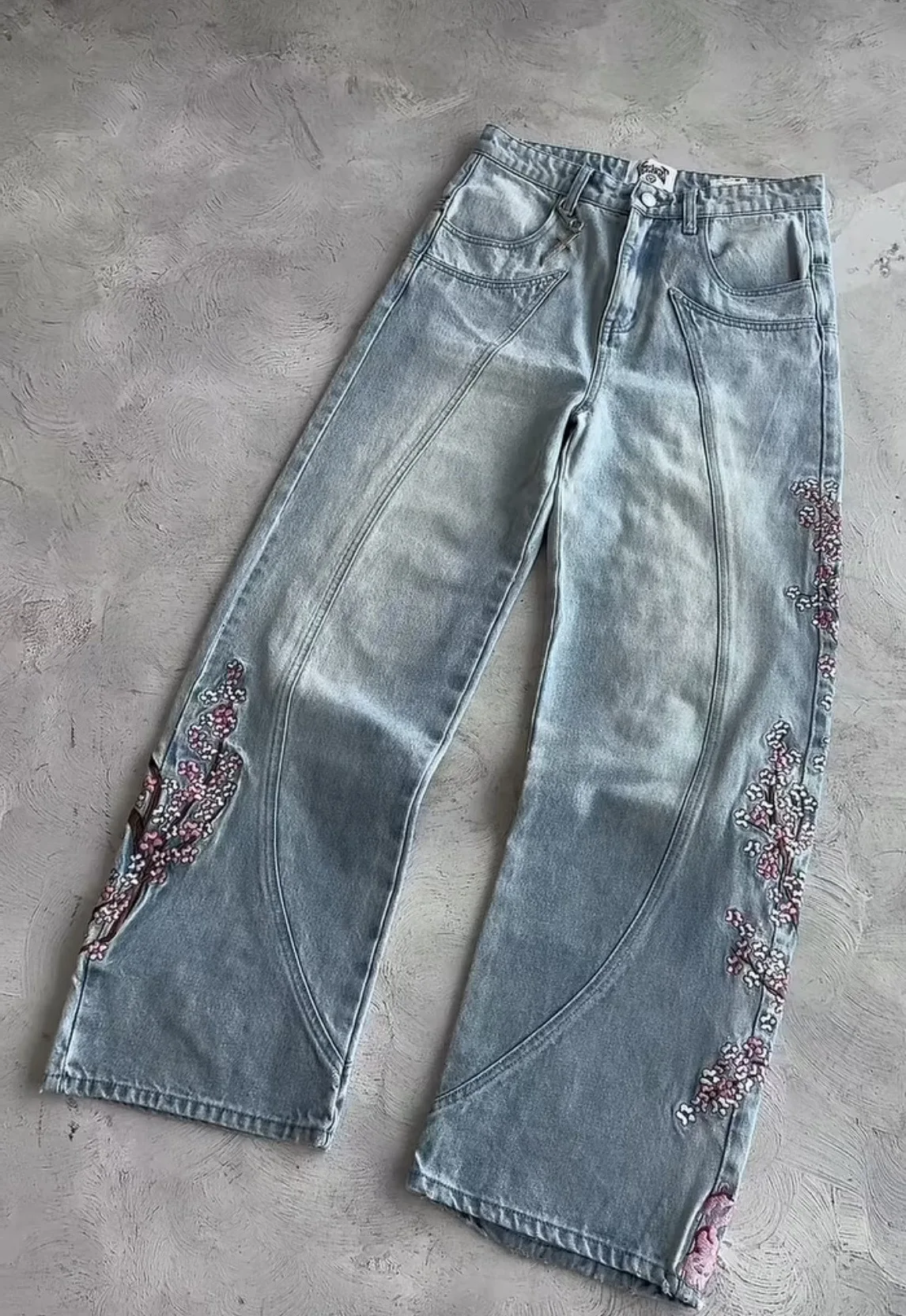 

Винтажные джинсы с вышивкой Cherry Blossom Black Knight Y2k, мешковатые прямые джинсовые брюки в стиле ретро, синие джинсы, мужская одежда, уличная одежда