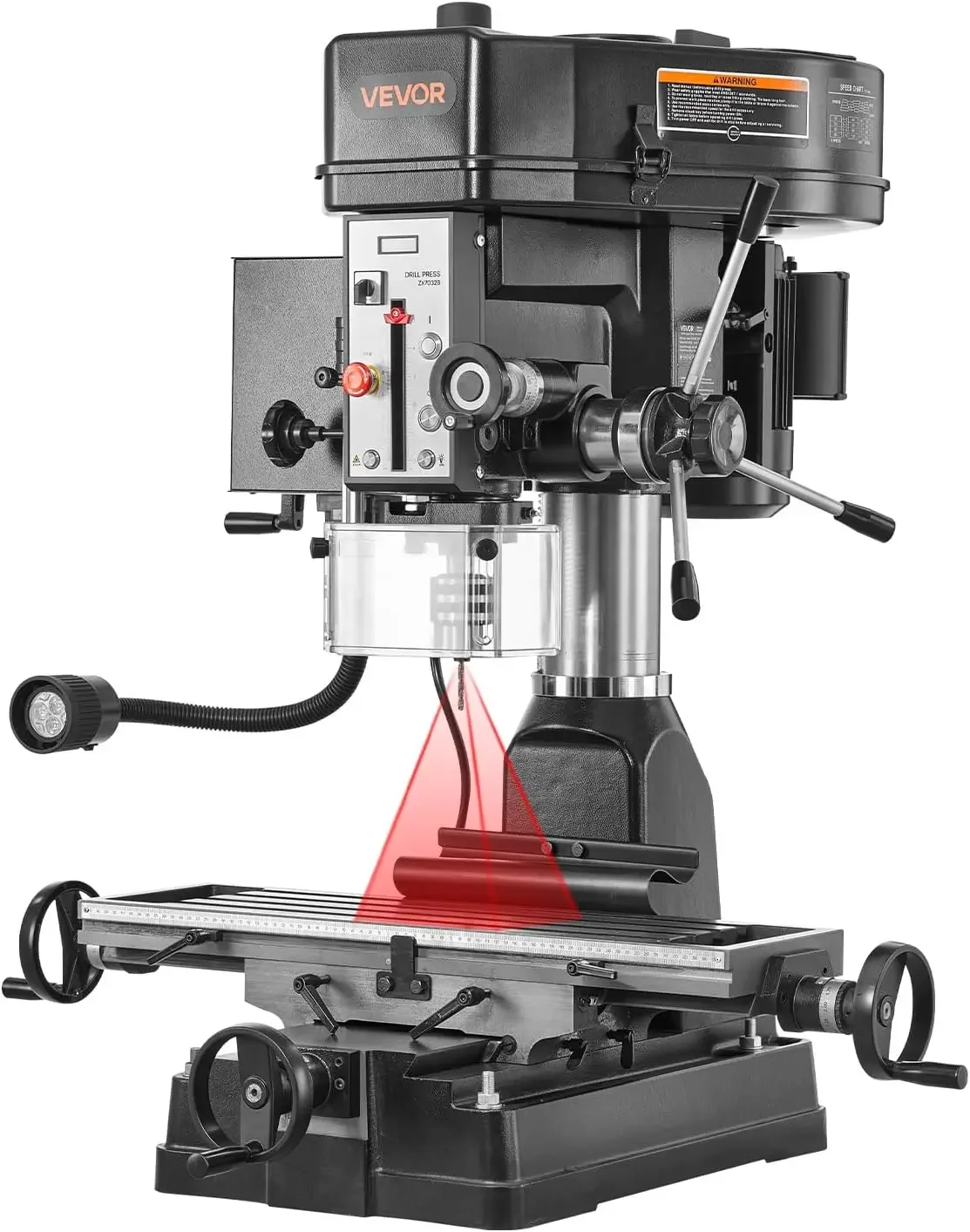 15.875-Inch Mill Drill Machine, 2 HP, Benchtop Milling Drill Press, 150-2560 RPM Adjustable Speed, with Rotating Vise, Laser and