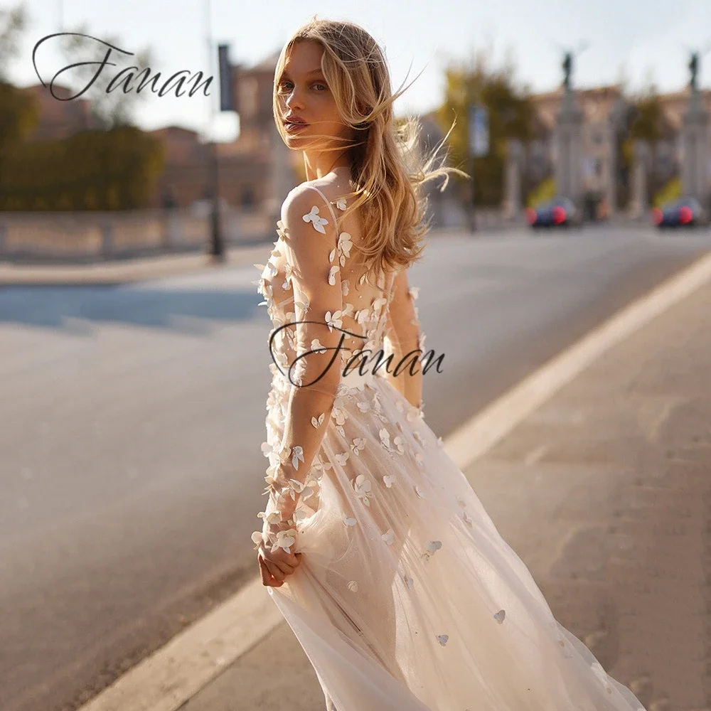 

Simple See-Through Long Sleeve Wedding Dresses Brush Train 3D Flowers Appliques A-Line Bridal Gowns Tulle Evening Dress