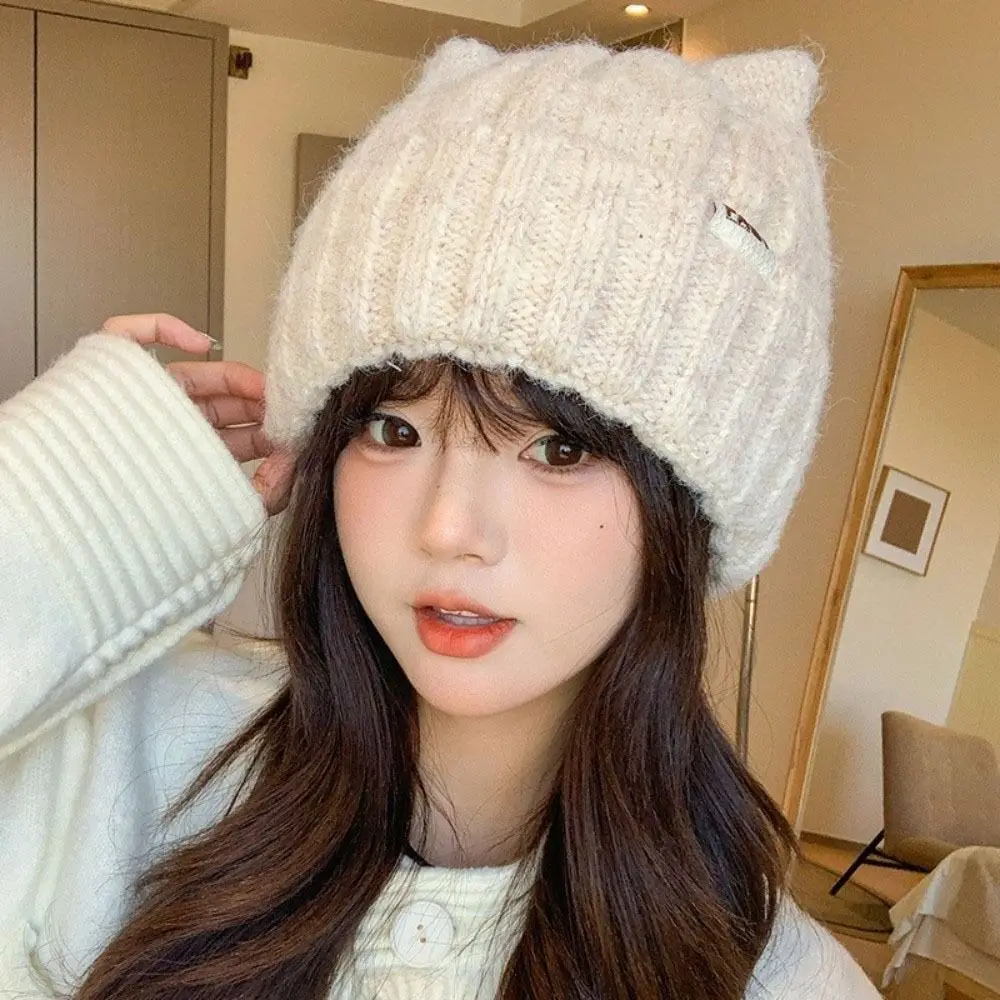 

Casual Wool Cat Ears Hat Y2k Windproof Knitted Pullover Hat Korean Style Warm Women Beanie Hats Girls