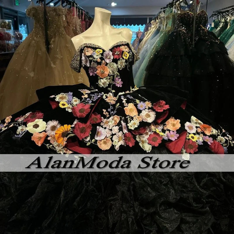 Charro Black Quinceanera Dresses With Floral Applique Off The Shoulder Vestido De 15 Años Velvet Ruffles Sweet 16 Gowns