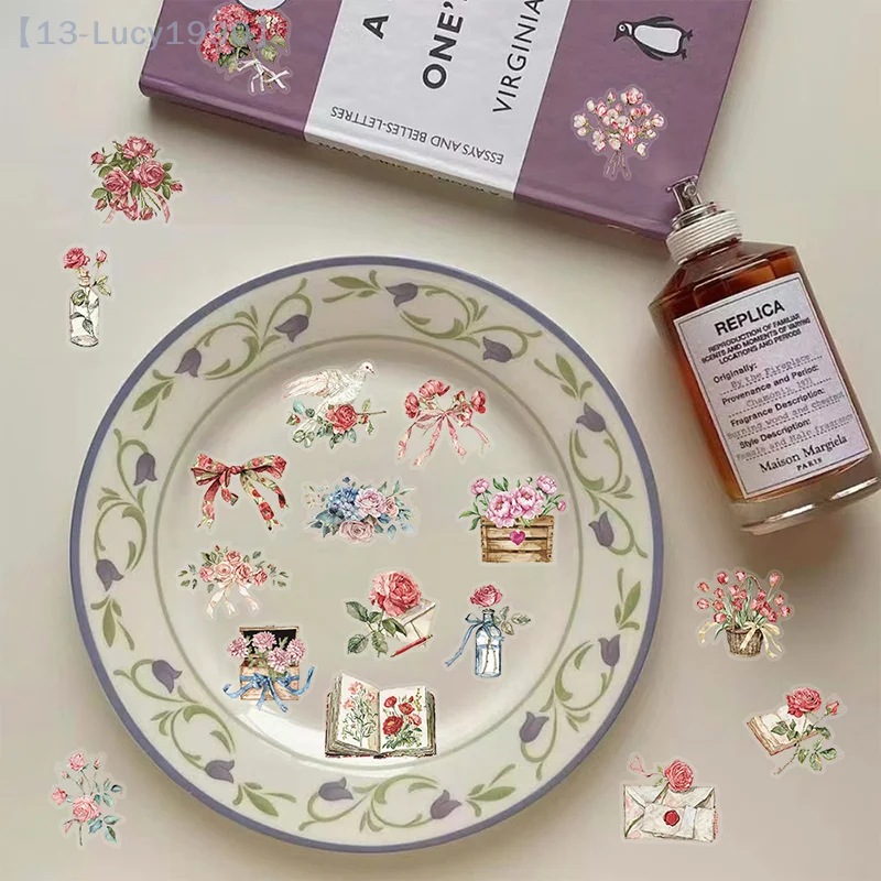 50PCS Waterproof Transparent PET Booklet Flower Material Decorative Guitar Notebook Ink Flower Stickers Pack