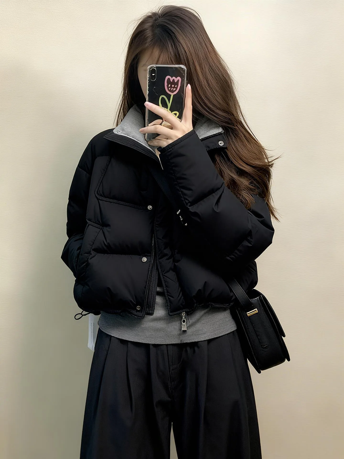 2025 Winter Thickened Black Short Cotton Jacket Women's Style Commute Fashion Loose Fit Long Sleeve Zipper Closure Pure Color
