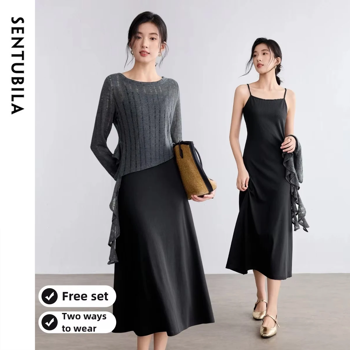 SENTUBILA Women's Two-Piece Set 2026 Autumn Hollow Out Knitted Ruffle Hem Top & A-Line Slip Dress Elegant Lazy Outfit W53ZB3500