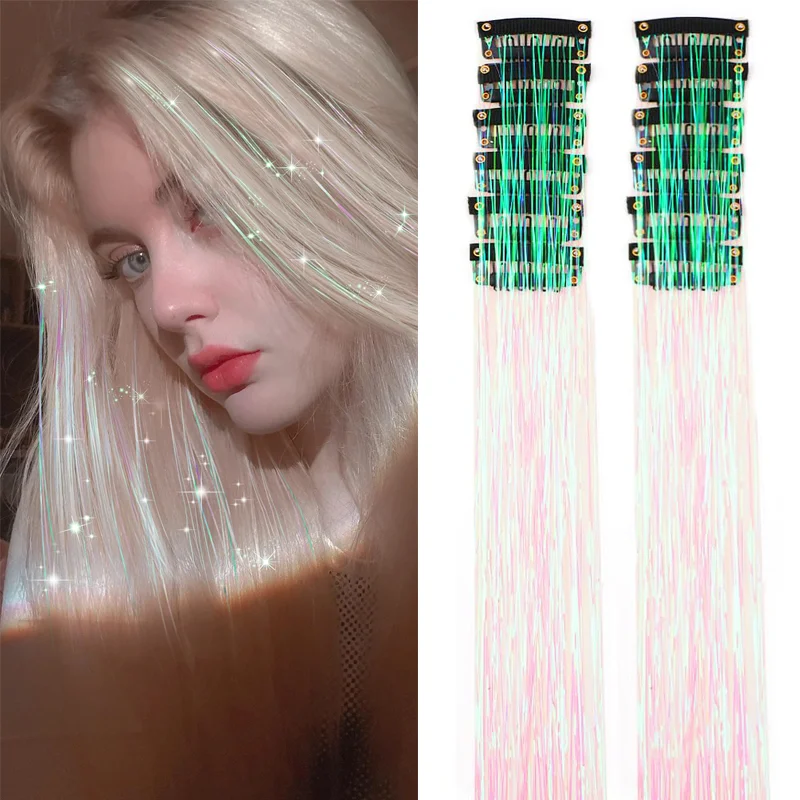 

12 Pcs Clip-in Hair Tinsel Pack Colorful Glitter Fairy Hair Extensions Dazzle Party Accessory for Women Girls Kids