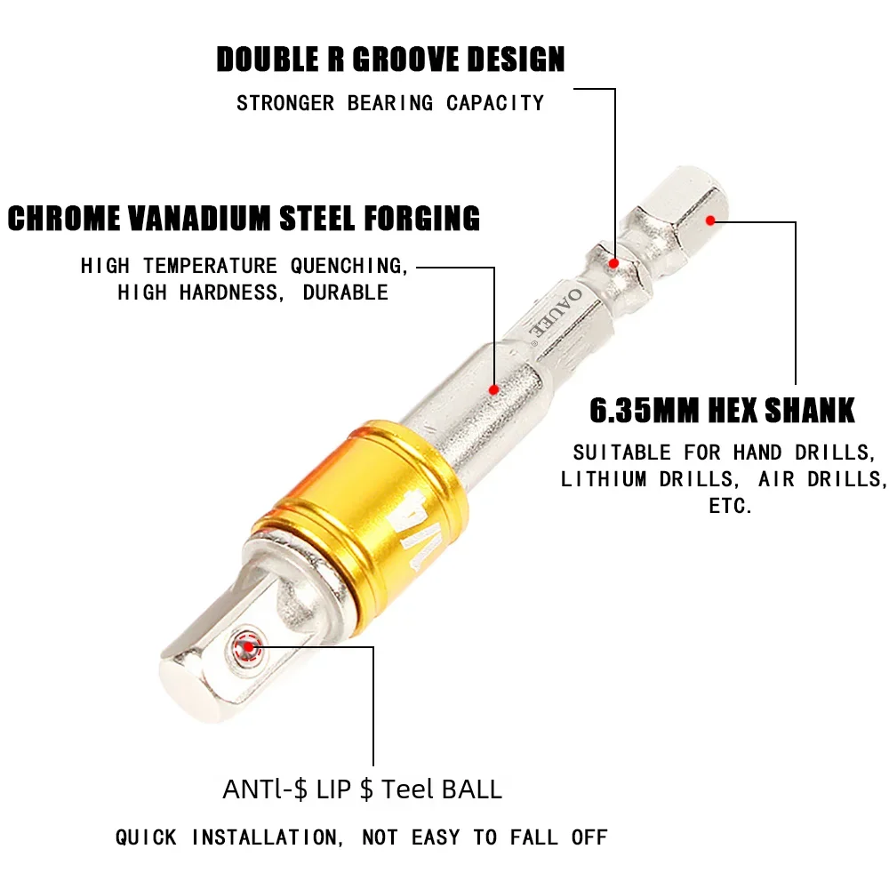 Oauee หัวเจาะอะแดปเตอร์เต้าเสียบแบบมีก้านหกเหลี่ยม1/4 "ถึง1/4" 3/8 "1/2" เครื่องมือไฟฟ้า