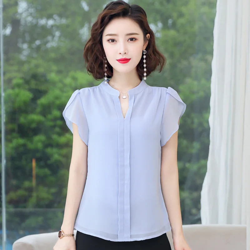 Thin Short Sleeved Chiffon Versatile Shirt For Women'S Summer New Korean Style Fashionable Standing Collar Flower Bud Sleeve Top
