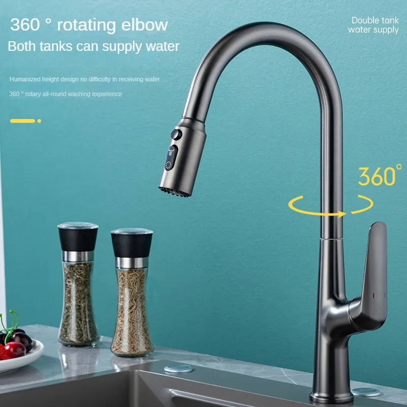 Cold and Hot Kitchen Sink Faucet Multifunctional Stainless Steel 3 Water Outlet Mode Pull-out Faucet Rotating Anti Splash Nozzle