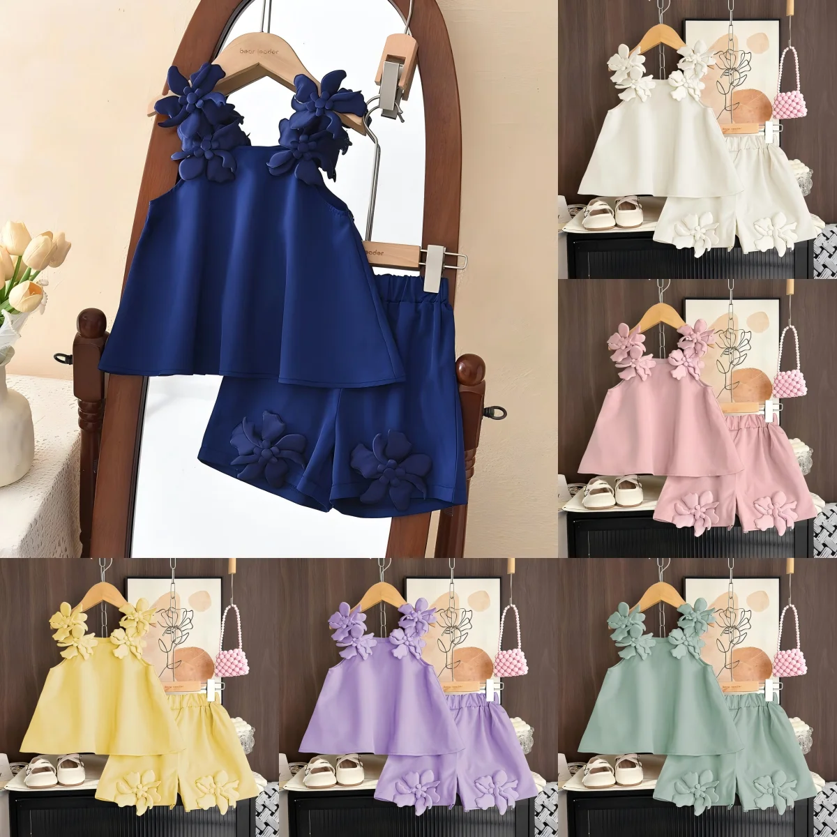 3 4 5 6 7-jährige Mädchen Freizeitkleidung in Unifarben Sommer Neu 3D-Blumen Träger-Top+Shorts Zweiteiliges Set Koreanische Version