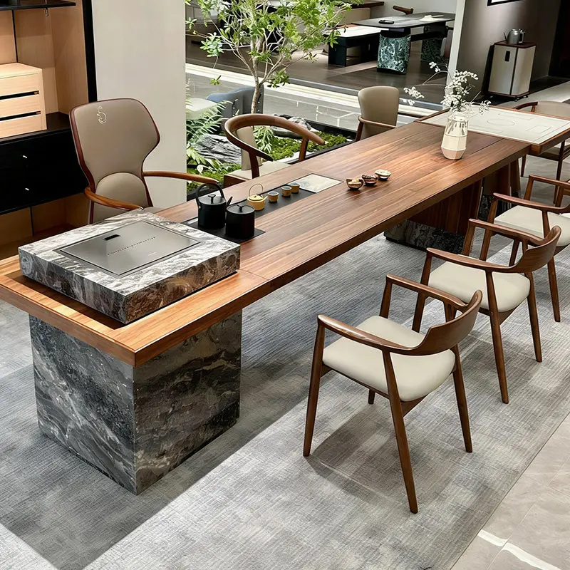 

Легкий роскошный чайный столик из североамериканского черного ореха с каменной столешницей, комбинированный столик-яйцо, современный высококачественный чайный столик из массива дерева с инкрустацией.