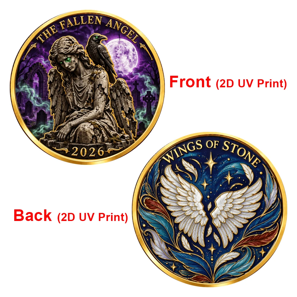 1pc The Fallen Angel Metal Challenge Coin Color Print Gothic Wings of Stone Commemorative Coin Souvenir Gifts for Halloween