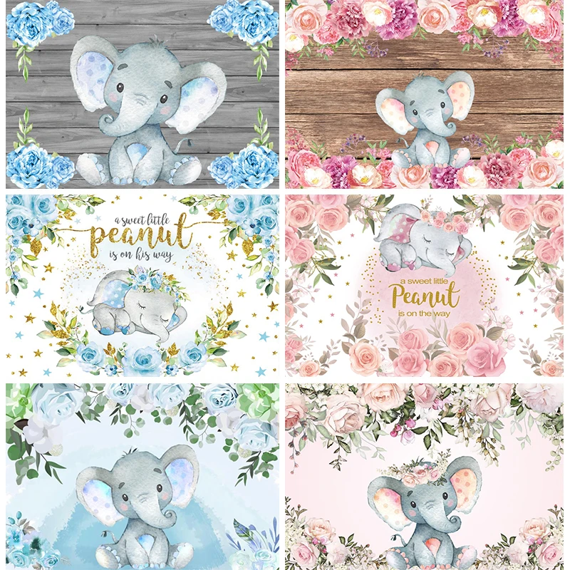 

Baby Shower Elephant Decoration Backdrop Blue Pink Boy or Girl Revelation Flowers Wooden Board Background Newborn Photography