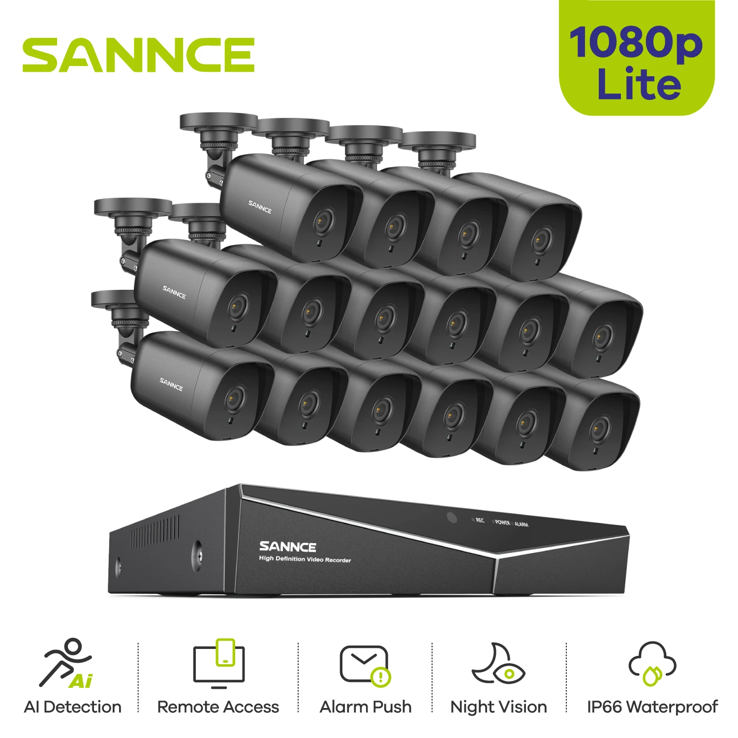 SANNCE 16CH 1080P Security Camera System 5 IN 1 2MP DVR Kit With 16PCS CCTV Outdoor TVI Camera H.264+ Video Surveillance Set