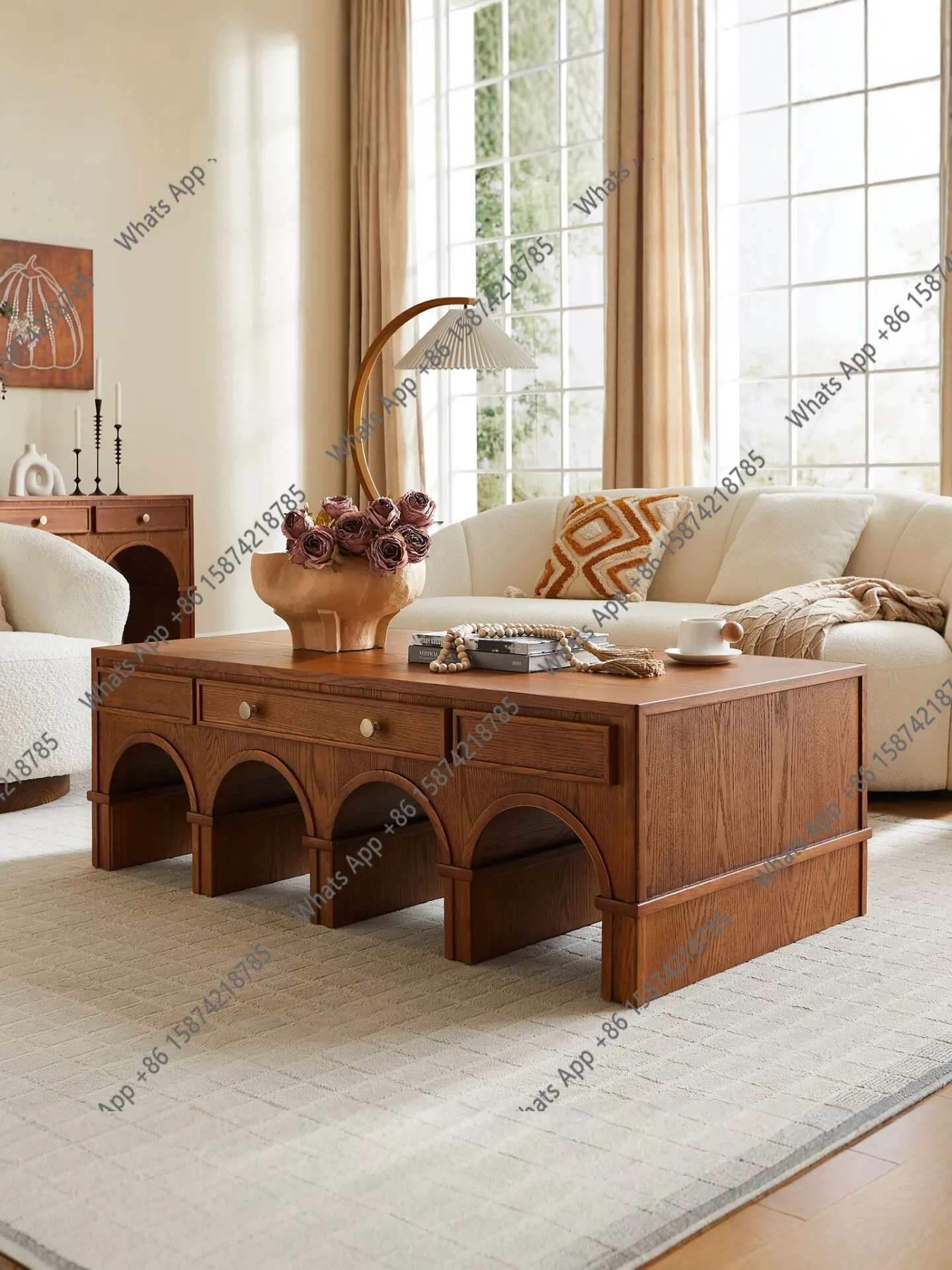 

Medieval retro arched coffee table living room storage drawer coffee table French solid wood creative arch tea table