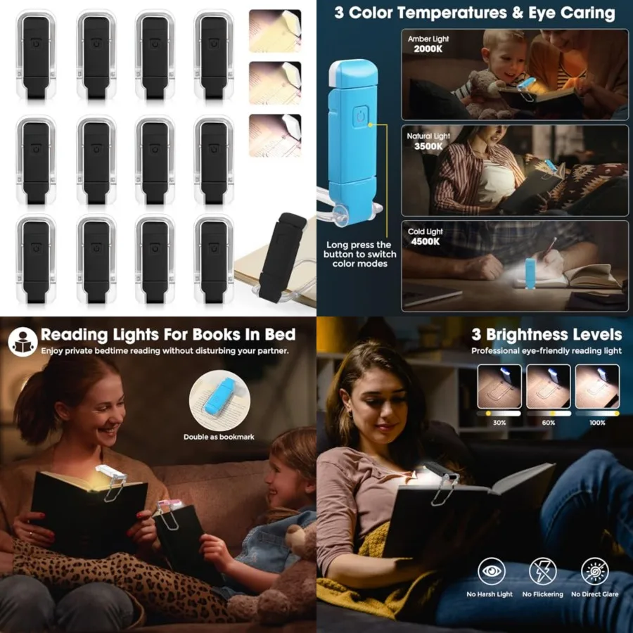 

12 Pack Reading Light, Rechargeable Book Light for Reading in Bed, Clip-On Book Lights with 3 Color Temperature, Bulk Gifts for