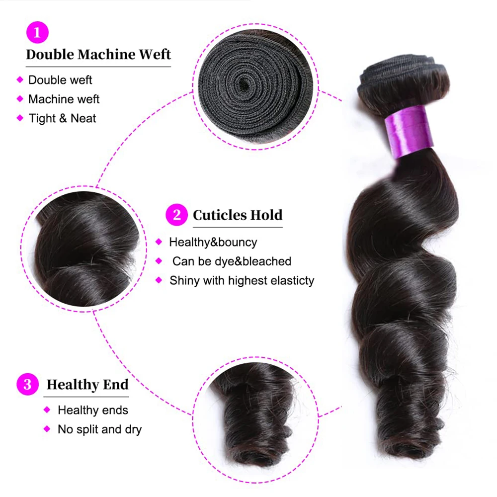 Extensiones de cabello humano ondulado para mujer, mechones de cabello humano brasileño suelto, 1/3/4/piezas, color negro Natural