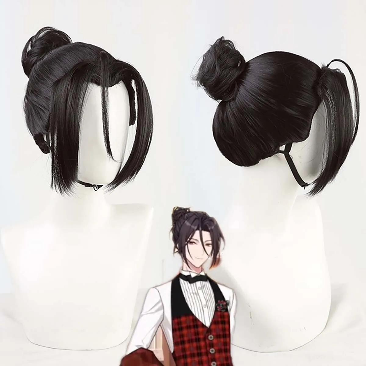 Women Promise of Wizard Shylock Cosplay Wig Black Topknot Bun Hair Heat Resistant Synthetic Hair For Halloween Party