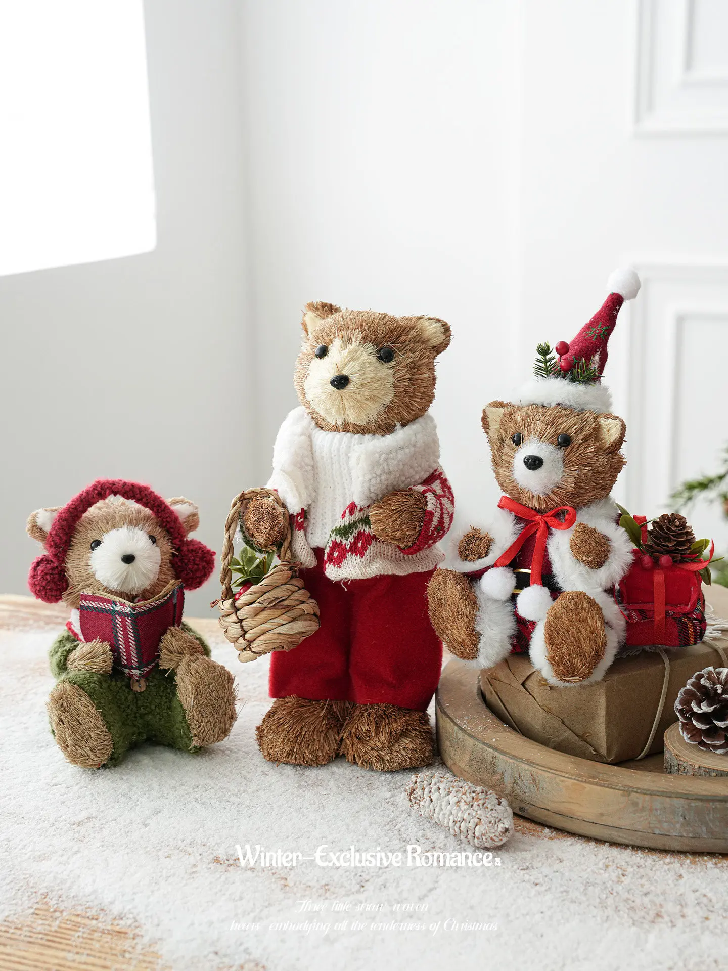 Grass woven sisal cotton thread Christmas teddy bear plush toy decoration holiday