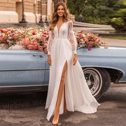Simple A Line Women's Wedding Dresses Appliques Lace Bride Gowns Sexy V Neck Long Sleeve Split Customized Vestidos Novias Boda