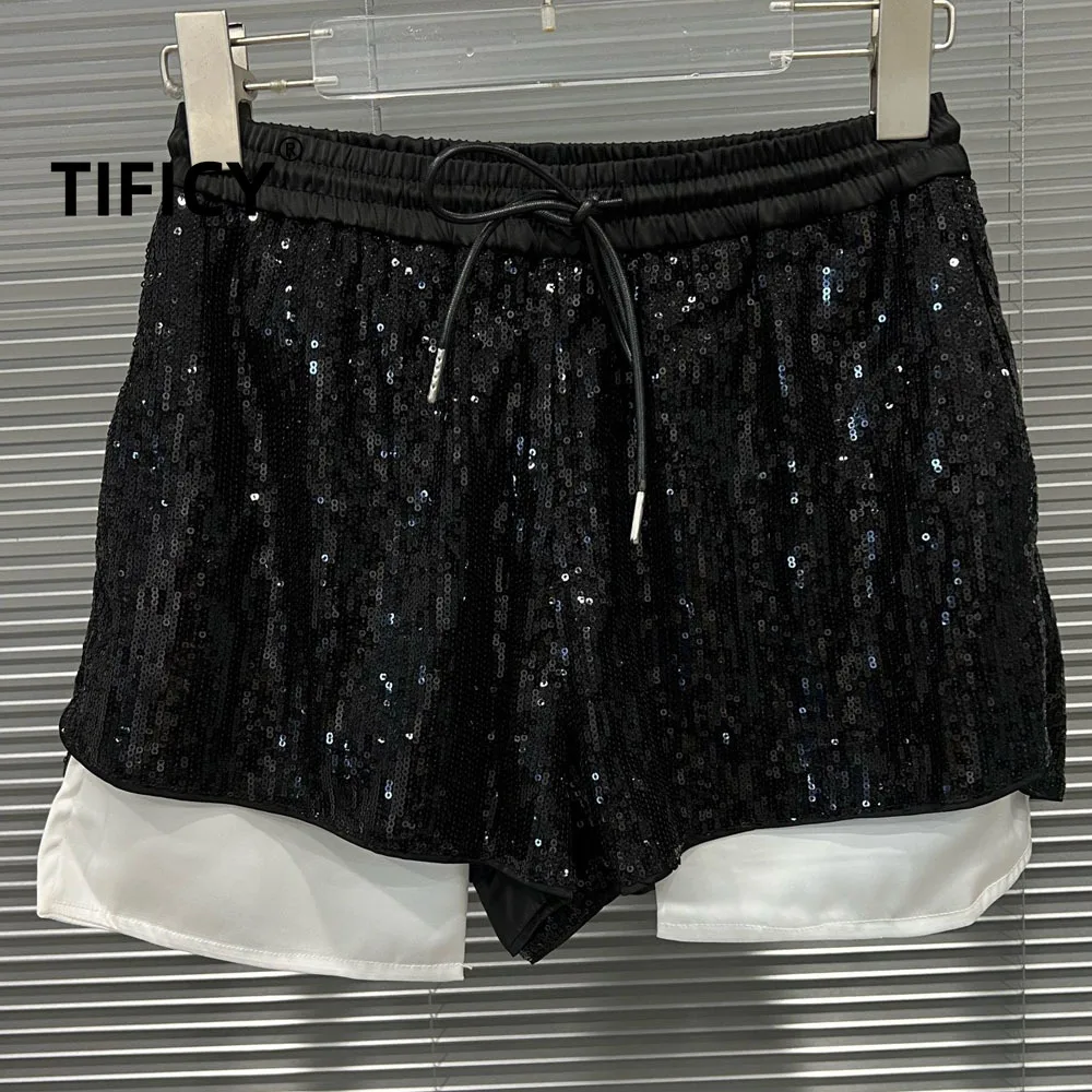 High Street Dark Balck Shorts Women's Elastic Waist Summer New Sparkling Sequin Casual Fashion Shorts