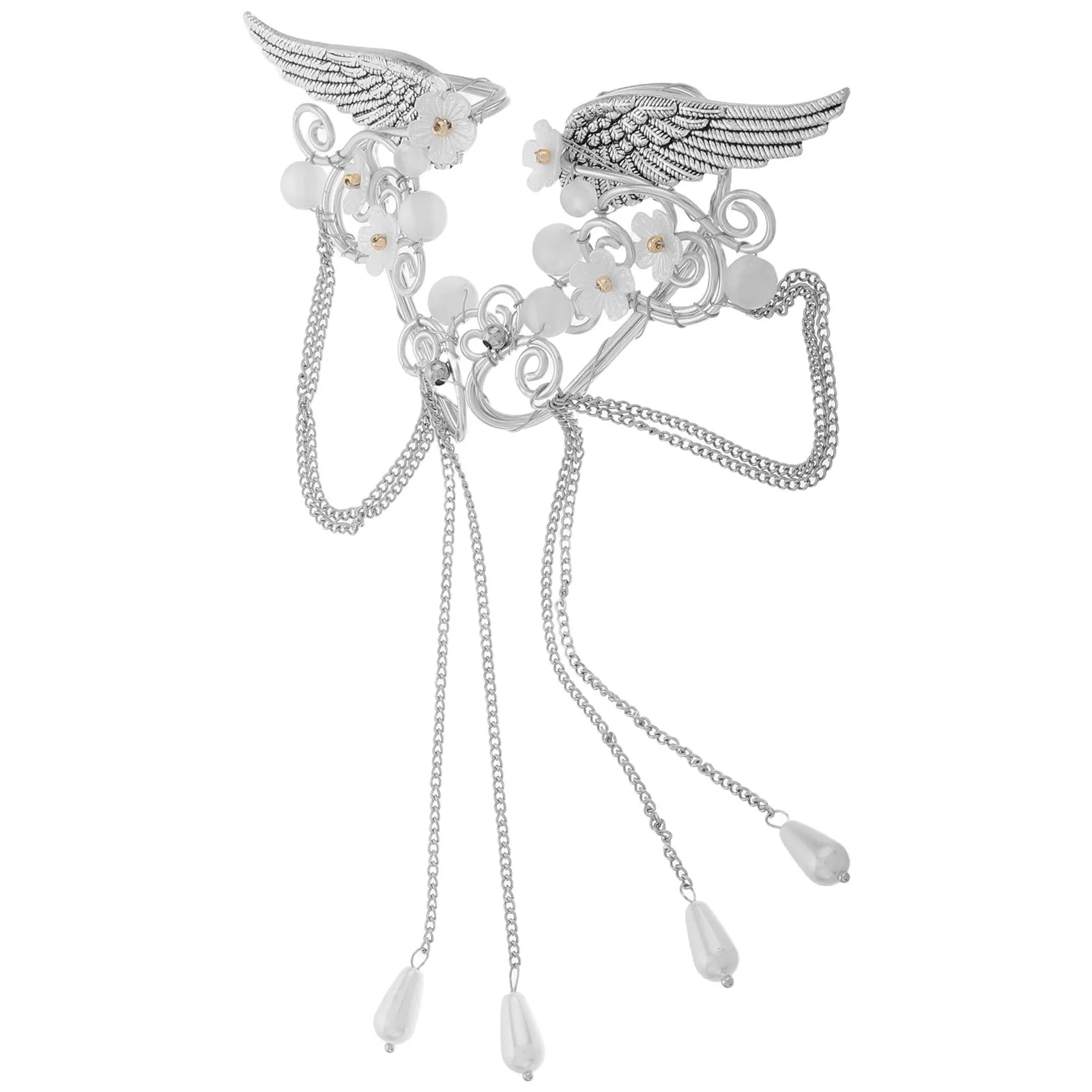 1Pair Ear Cuff Tassel Clip Non Piercing Flower Wing Elf Earrings Fantasy Jewelry for Cosplay Wedding Costume Accessories