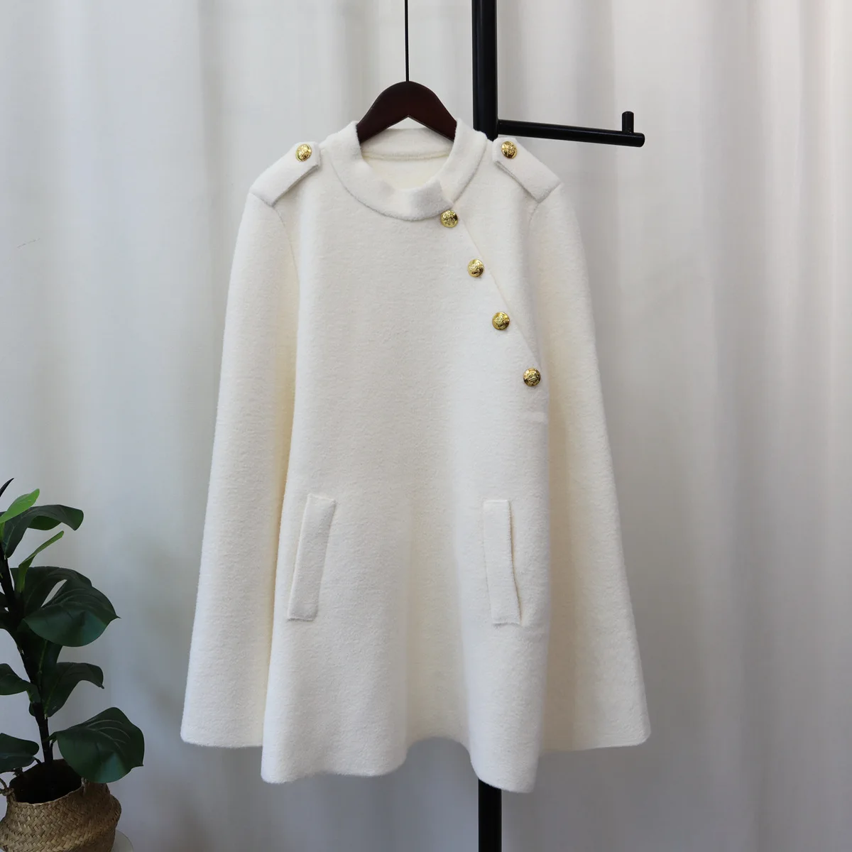 Fashion Single Breasted Rivet Poncho Coat Women Loose Sleeveless Midi Cape Cloak Autumn Winter Solid Woolen Jacket Overcoat