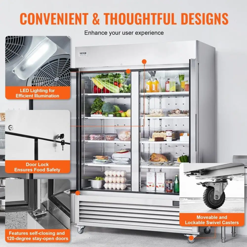 Geladeira comercial com alcance vertical de 44,21 pés cúbicos em aço inoxidável de 54,4 polegadas, descongelamento automático de 2 portas 33 a 41 ℉   Controle de temperatura com