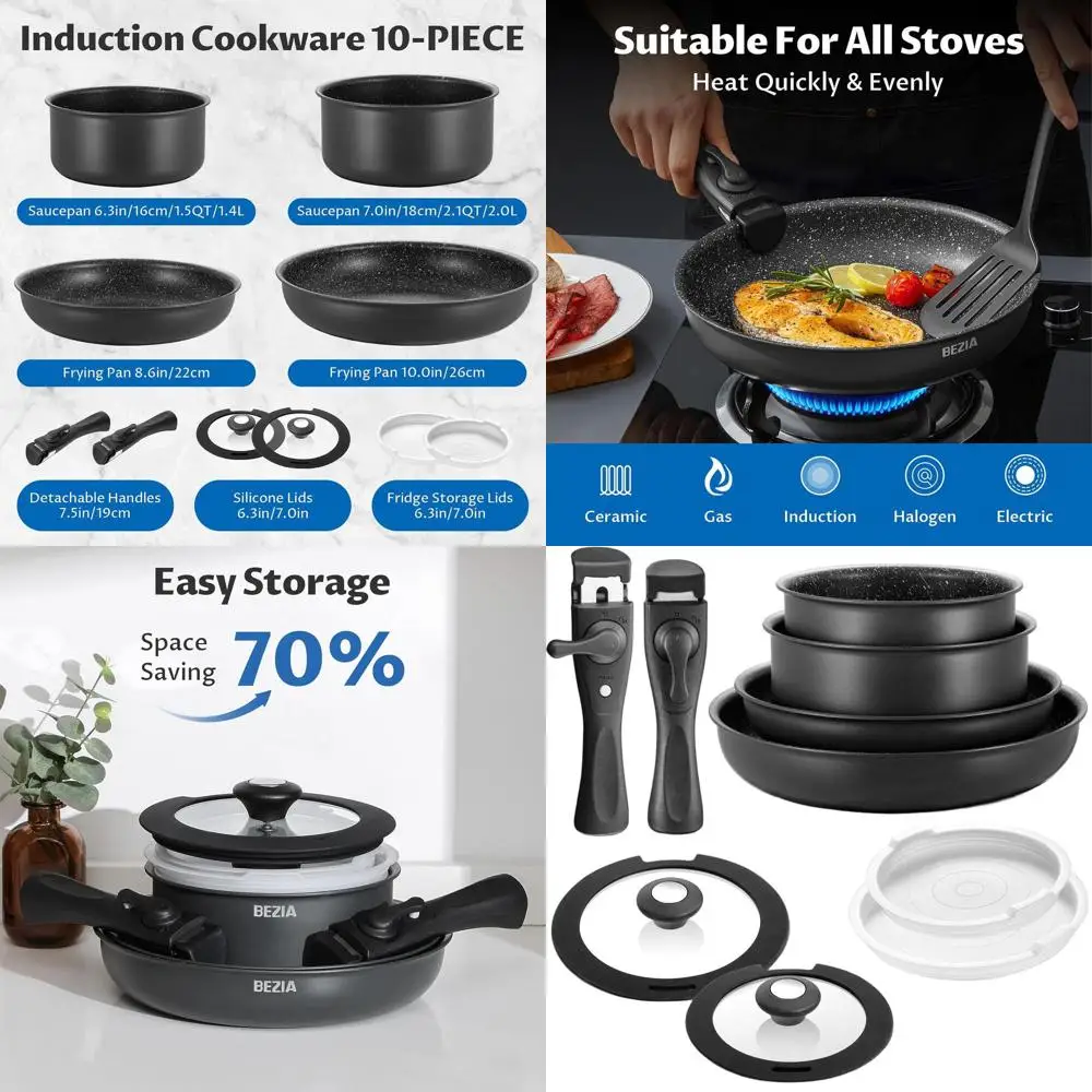 

10-Piece Induction Nonstick Cookware Set with Removable Handles, Suitable for All Cooktops, Stackable, Dishwasher and Oven Safe,
