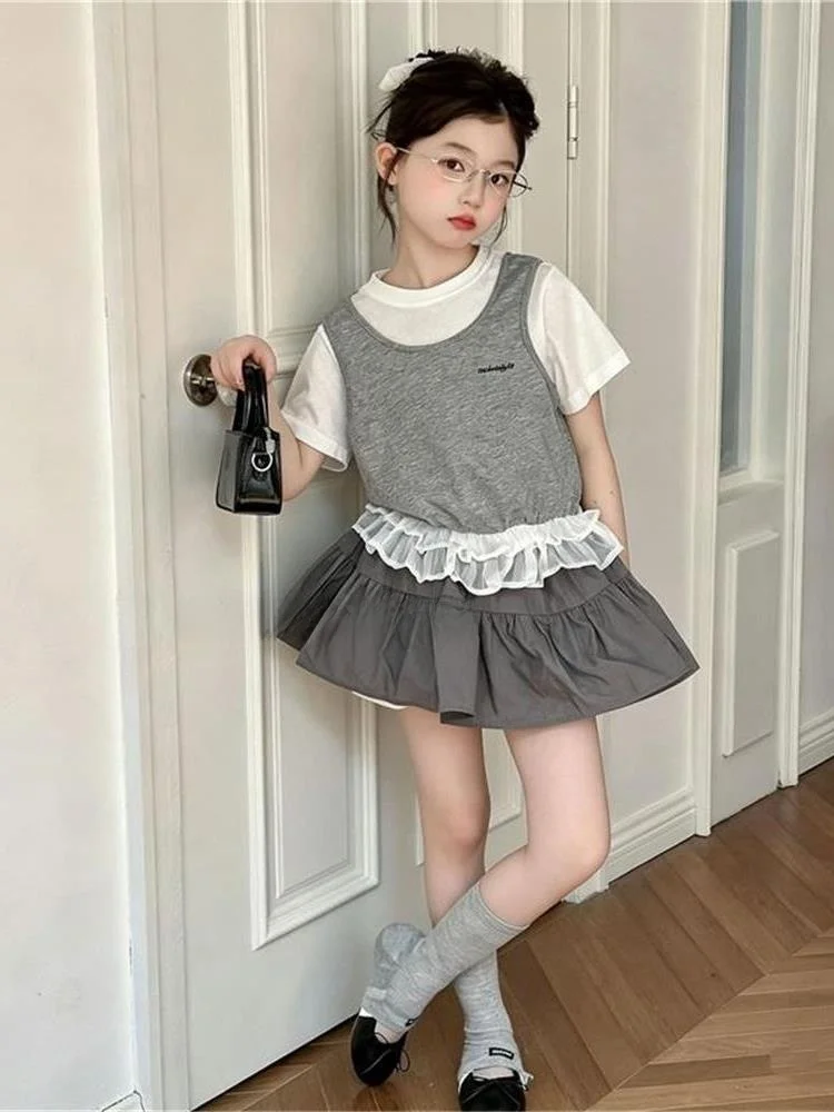 女の子の夏服セット半袖花のつぼみスカートツーピースセット韓国風子供服通気性軽量