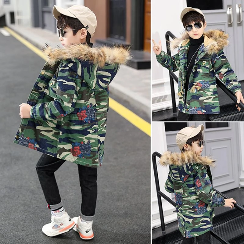 3-12T Girls\' Coat Big Fur Collar Hooded Jacket Casual Winter Thick Warm Cotton Coat Mid-length Down Jacket Girls Quilted Jacket