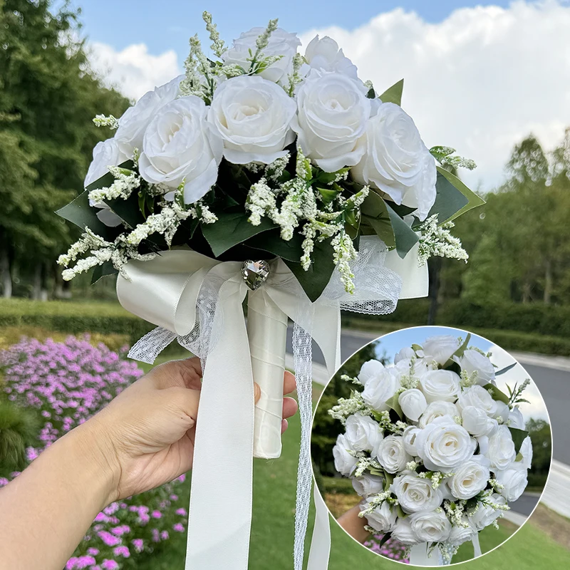 

1PC Wedding Bridal Bouquet Artificial Rose Green Leaves Lace Ribbon Bouquet Outdoor Wedding Bridal Bouquet Church Wedding Props