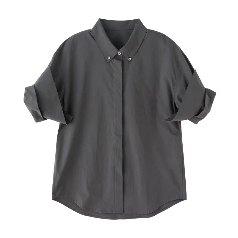 

Handmade Roll Sleeve Cotton Shirt Loose Short Sleeve Neutral Style White Shirt