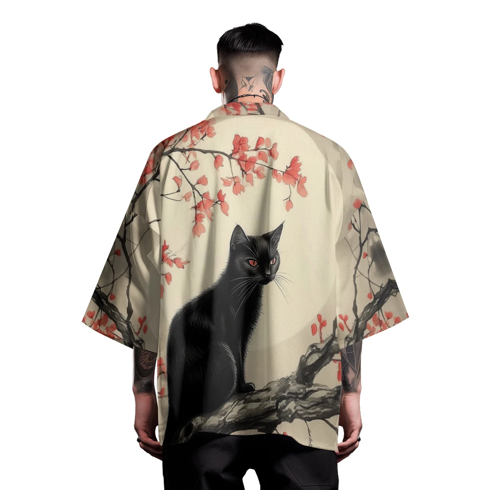 Classic Fashion Simple Kimono Shirt Men's Cherry Blossom Kitten Anime Print Clothing Half-sleeve Sports Quick-drying Tops