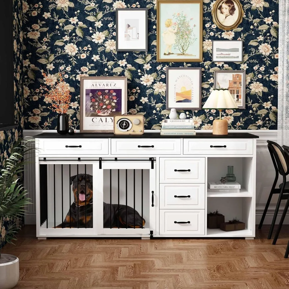 

Dream Dog Crate Funiture With Storage, 72.4" Wooden Heavy Duty Dog Kennel Table Furniture With Drawers & Shelves, Indoor Dog Ho