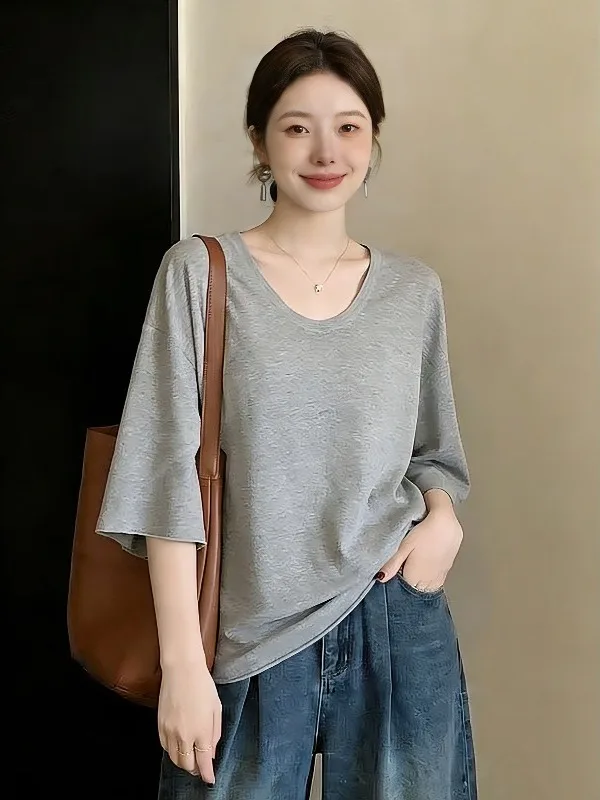 

Loose Grey U-Neck Short Sleeve T-Shirt Women's Spring Summer New Style plus Size Cover Belly Comfortable Korean Version Top