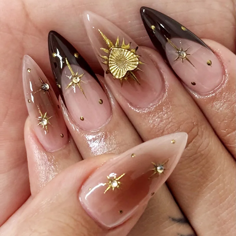 

24PCS Golden Star Heart Almond False Nails with Glue Black Blush French with Diamonds Press on Fake Nails Wearable Ins Nail Tips