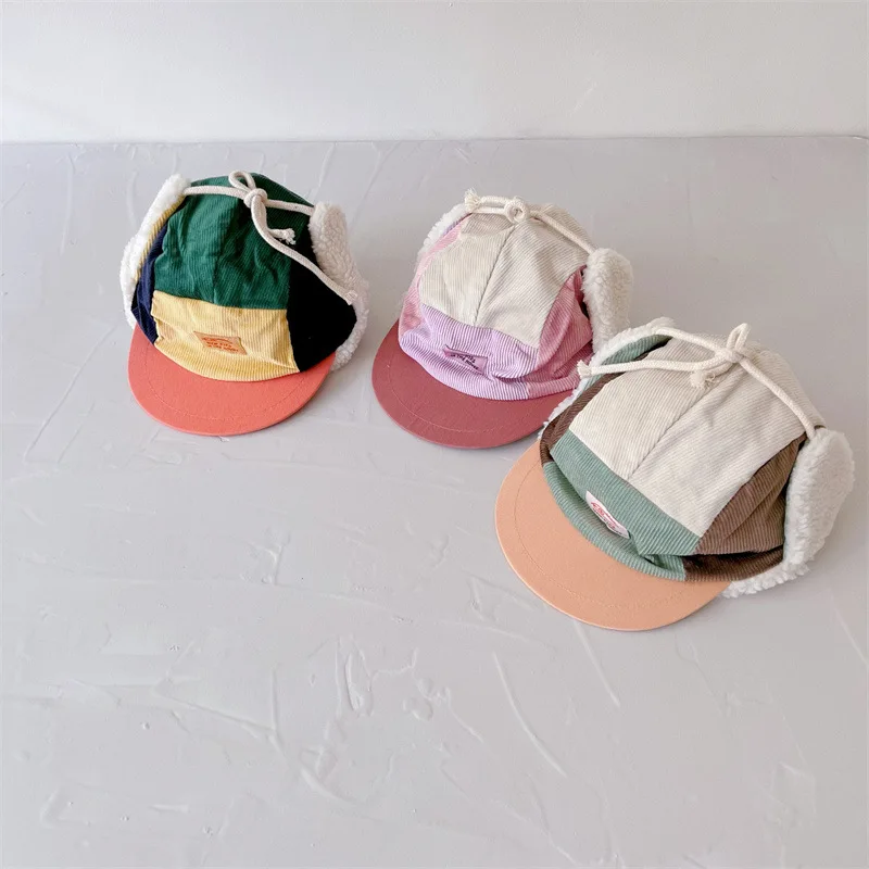 

Winter Kids Corduroy Earflap Hat Warm Windproof Color Block Patchwork Cap for Boys Girls Toddler Headwear