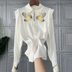 Elegant and Atmospheric Imitation Silk Embroidery Chain Lapel Long Sleeved Imitation Silk Shirt for Women