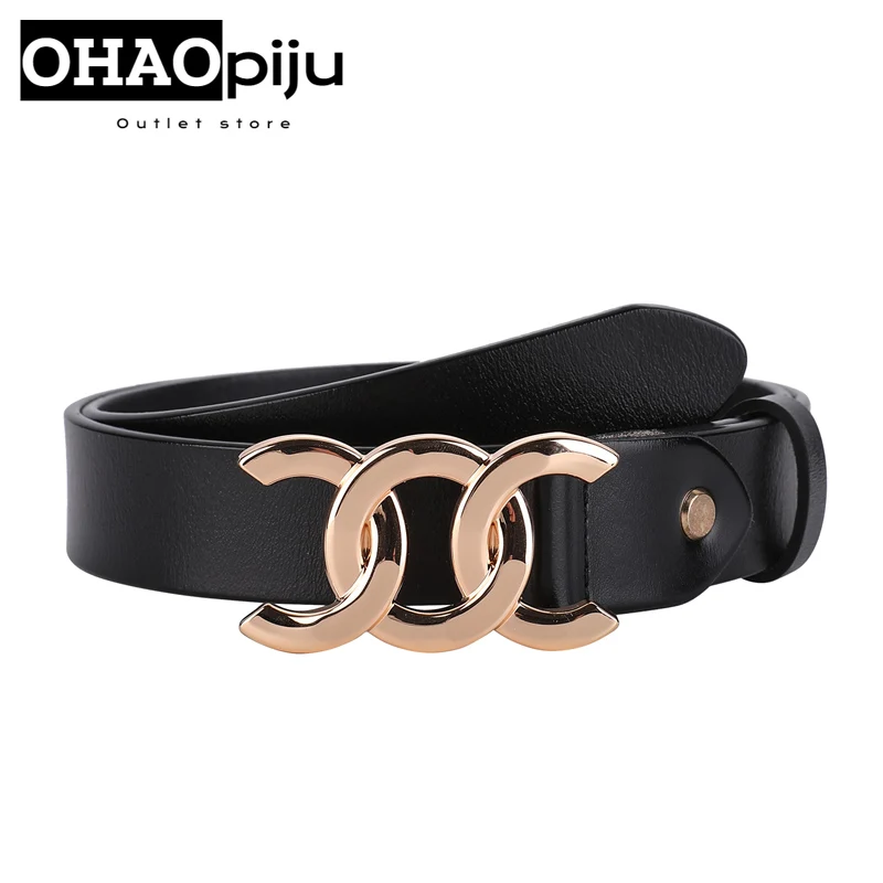 2024New Luxury Gold Buckle Genuine Leather Belt Women Fashion Cowskin Thin Metal Black White Belts Female Jeans Dress Waistband