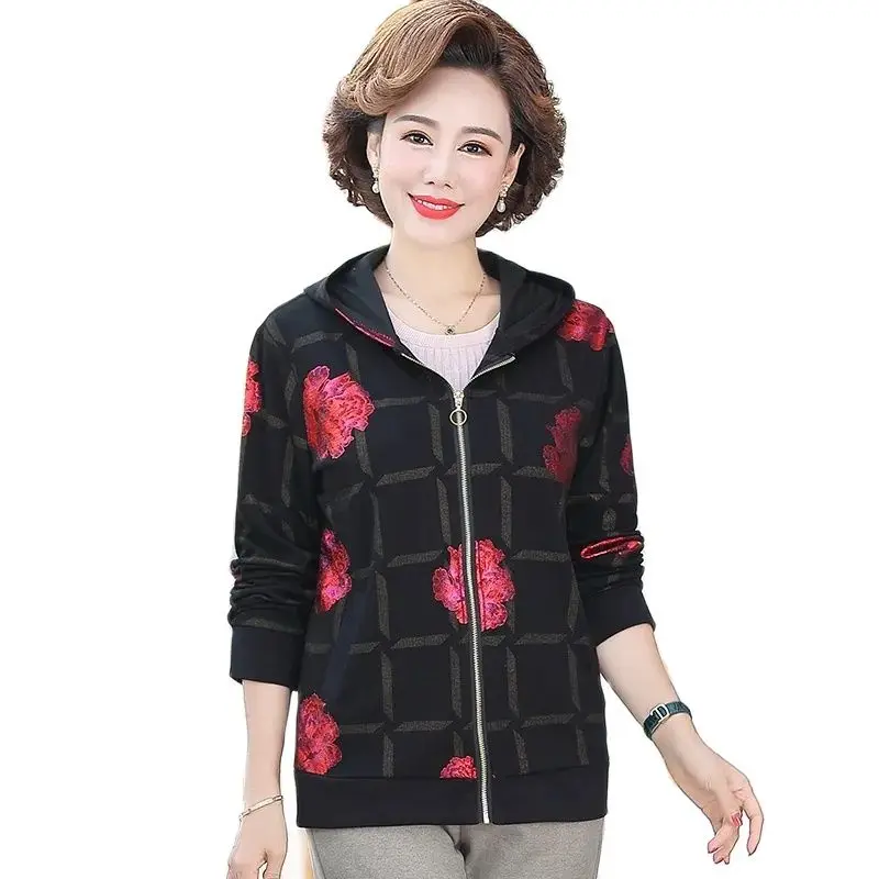 

Mom Autumn Coat New Middle-Aged and Elderly Women's print Fashion Short Jacket Spring and Autumn Loose Hooded Jacket