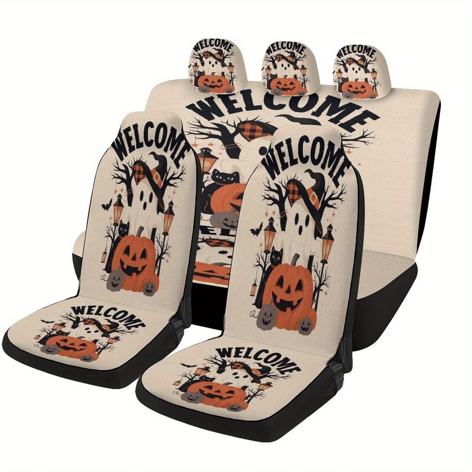 Halloween Welcome Car Seat Cover Set - Fit For Most Cars, Trendy High-Quality Polyester Seat Protectors With Pumpkin & Bat Desig