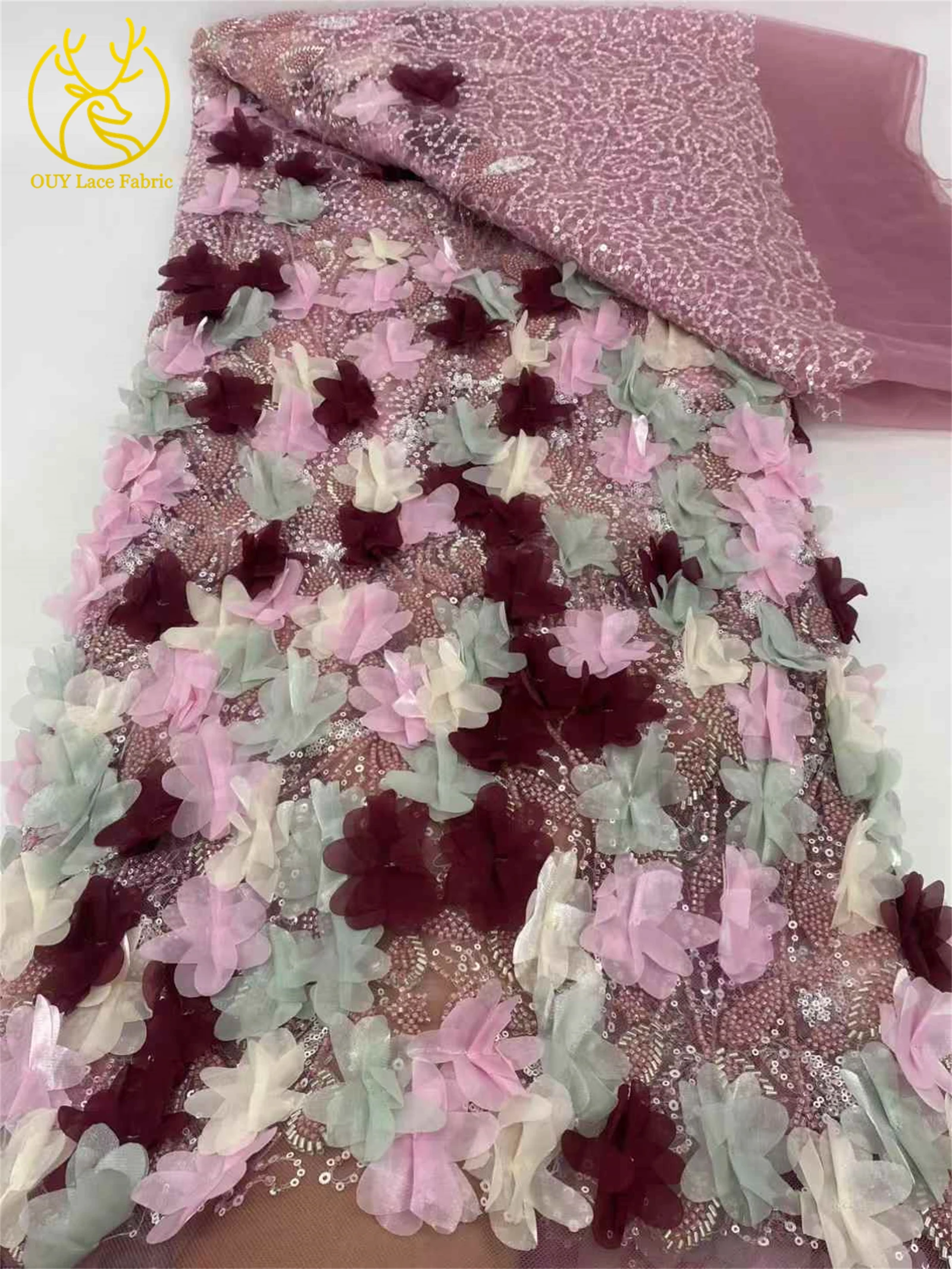 Latest 3D Flower Embroidery Lace 2025 African Flower Groom Fabric Lace Nigeria Sequins Tulle Lace Wedding Party Dresses Women's