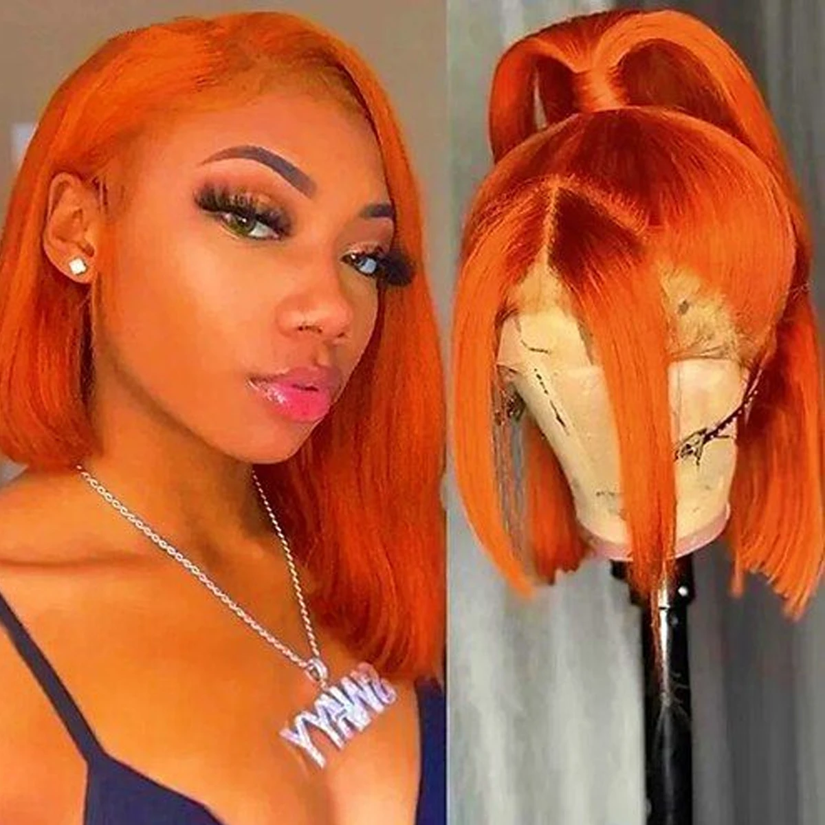 Straight Short Bob Wig Ginger 13x4 Lace Closure Human Hair Wigs 180% Density Lace Frontal Wig Orange Colored Human Hair Wigs