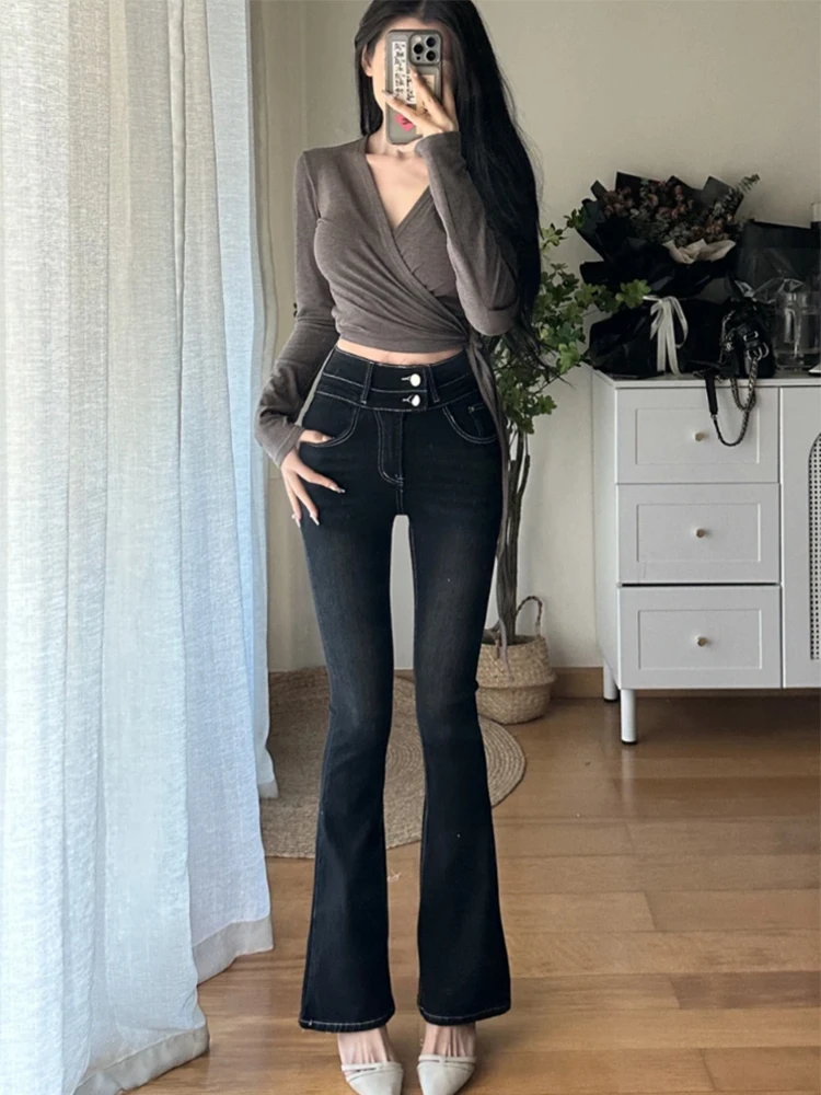 

Джинсы женские с высокой талией, расклешенные, удлиняющие ноги, из хлопкового стрейч-денима, длиной в пол