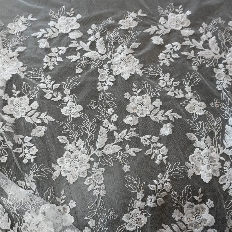 Beautiful Flower Lace Fabric with Sequins for Cheongsam Wedding Dress DIY Supplies