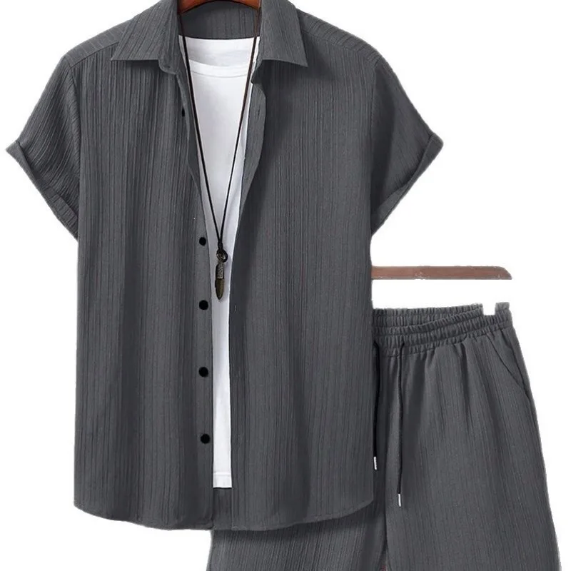 Casual Textured Two Piece Set Mens Short Sleeve Button Shirt Drawstring Beach Shorts Outfit view 3