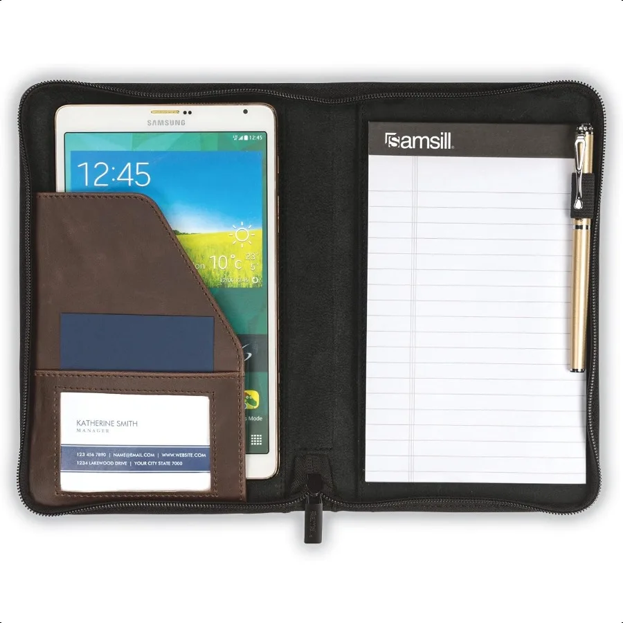 Small  Portfolio Zipper Faux Leather Portfolio Book Style Hardback Design Busin Interview Padfolio Organizer Holds 5 x 8 Writin